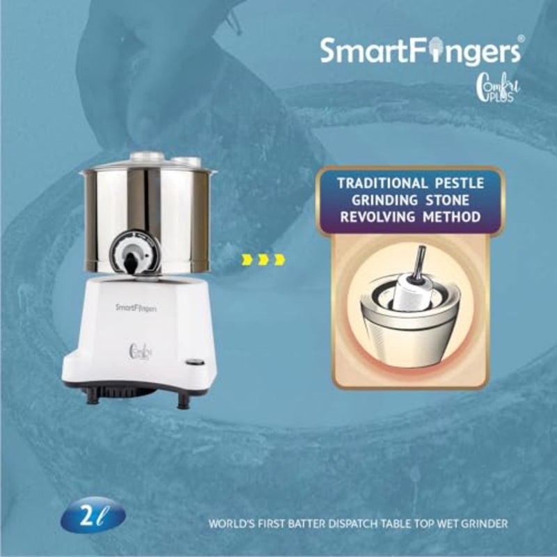 Table top wet grinder for kitchen use, stainless steel and granite stones, white, 2L capacity with 2 stone grinding for smooth batter - Image 5