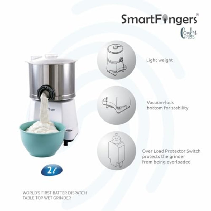 Table top wet grinder for kitchen use, stainless steel and granite stones, white, 2L capacity with 2 stone grinding for smooth batter - Image 4