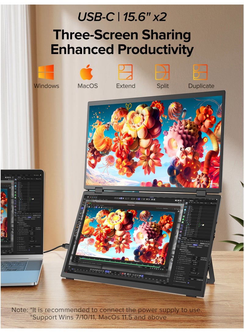 أوبيرفكت شاشة محمولة UPERFECT مقاس 15.6 بوصة 60 هرتز مزدوجة الشاشة 1920*1080 FHD IPS USB C وميناء Mini HDMI شاشة ثانية للكمبيوتر المحمول/الهاتف/جهاز الألعاب - Image 2