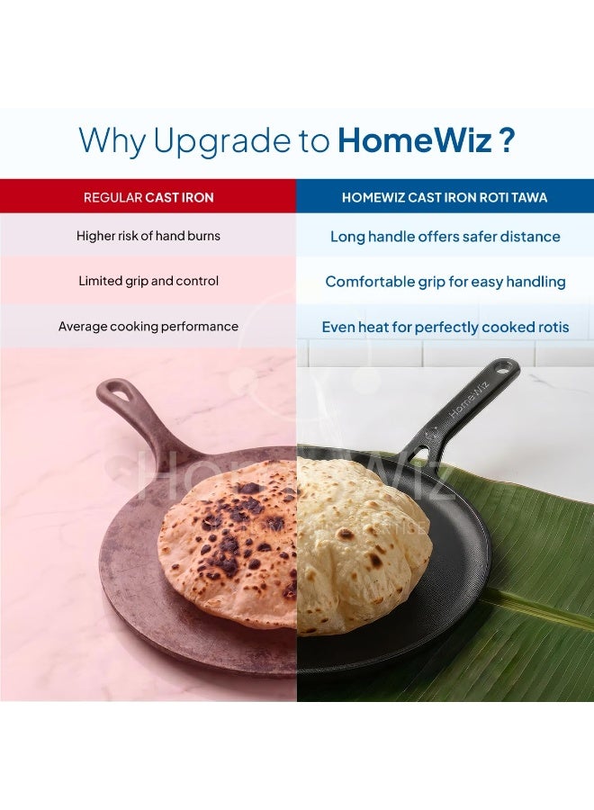 HomeWiz مقلاة هوم ويز من الحديد الزهر لخبز الروتي، قطرها ٢٨ سم | موزع زيت مجاني سعة ٥٠٠ مل | مقلاة حديدية متبلة مسبقًا بمقبض طويل لخبز الروتي، والشاباتي، والتشيلاس، والباراثا | غير لاصقة بشكل طبيعي | متوافقة مع المواقد الحثية والغازية - Image 4