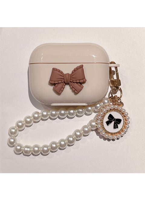 For AirPods 4 Headphone Set Cartoon Diy Doll Pendant Apple 1/2 Generation/pro2 Bluetooth Soft Case Bracelet-Color:Beige Soft Shell + Bead Chain - Brown Bow-Model:Airpods Pro (protective Case)