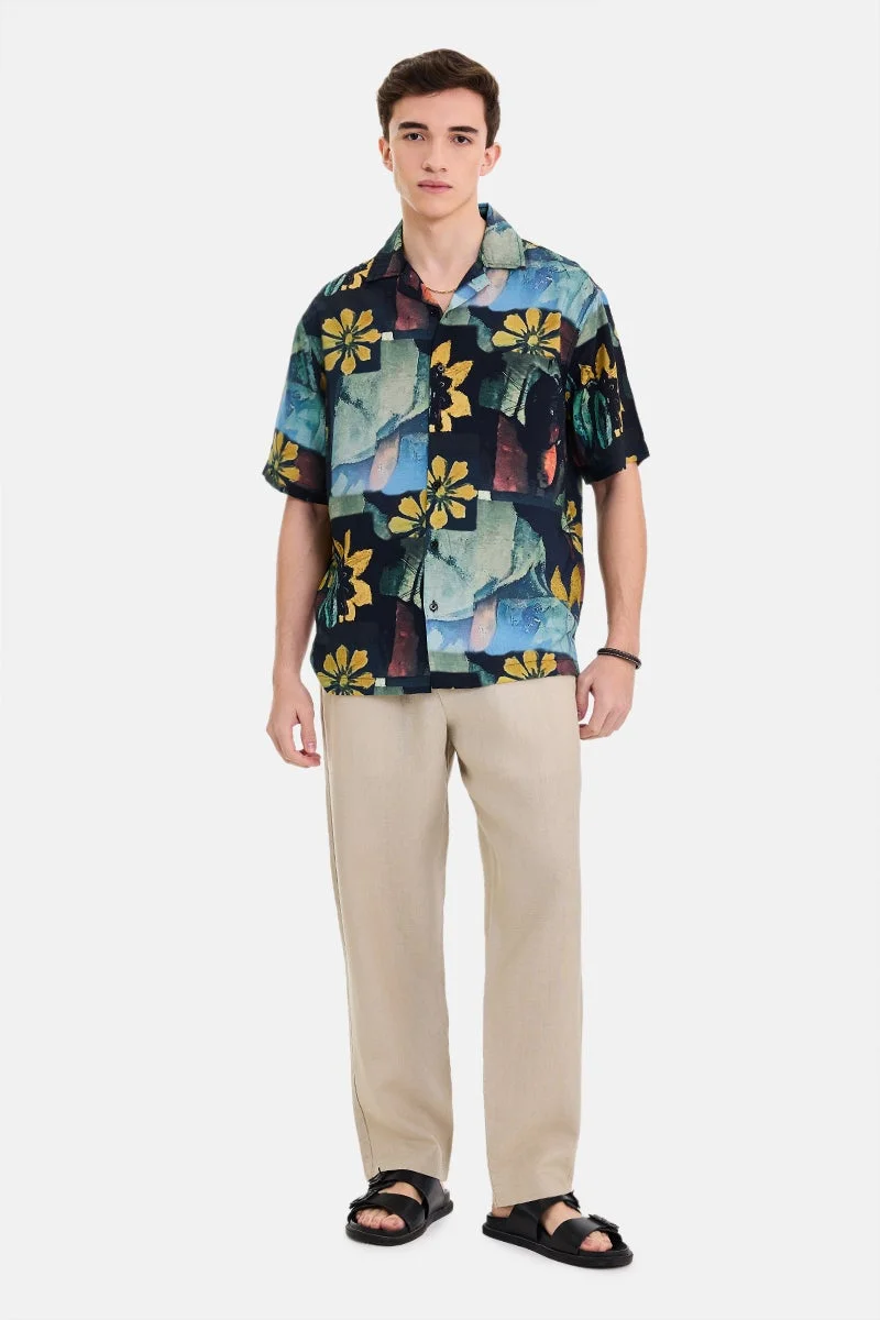 SNITCH Black Floral Half Sleeve Boxy Shirt