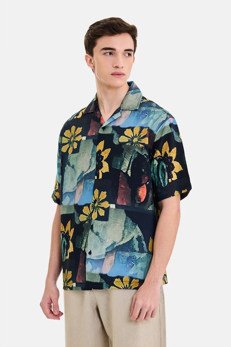 SNITCH Black Floral Half Sleeve Boxy Shirt