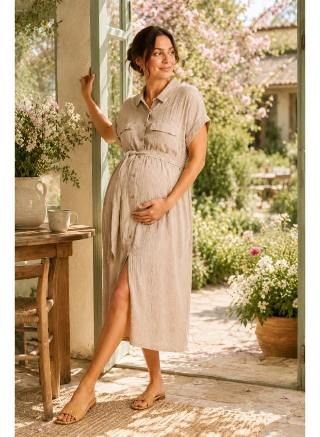 LuvmaBelly MYRA5862 – Natural Soft Muslin Fabric - Summer Shirt Maternity Dress - Beige.