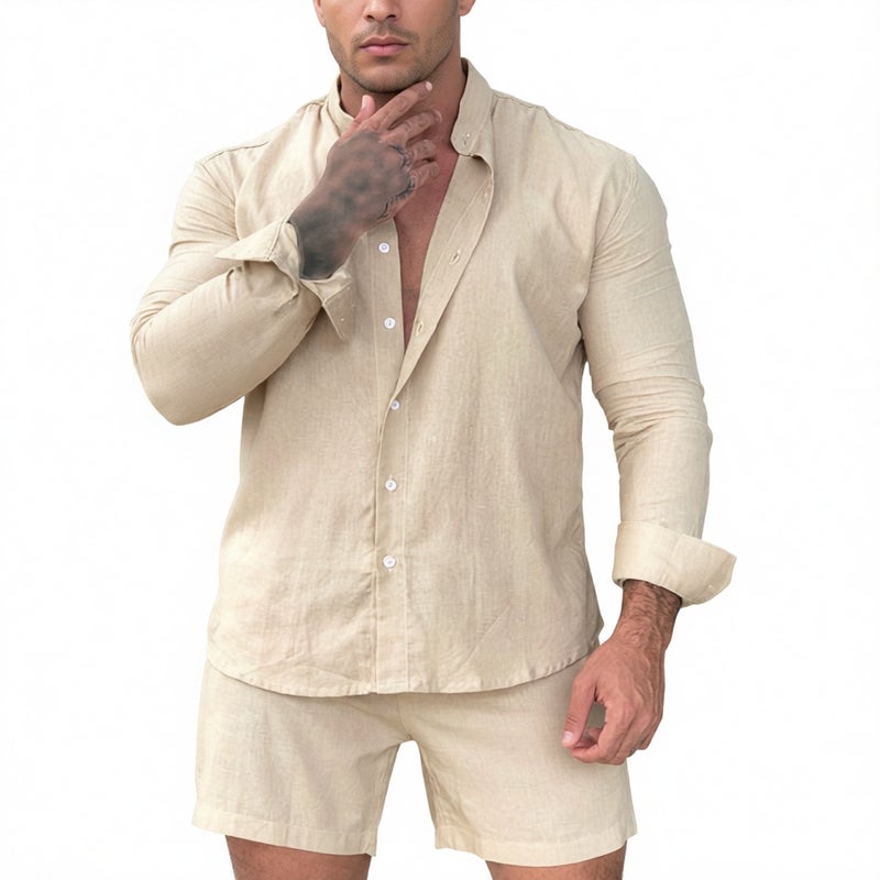 Men's Cotton Linen Long Sleeve Top and Shorts Set Loose Fit Two-Piece Lounge Wear