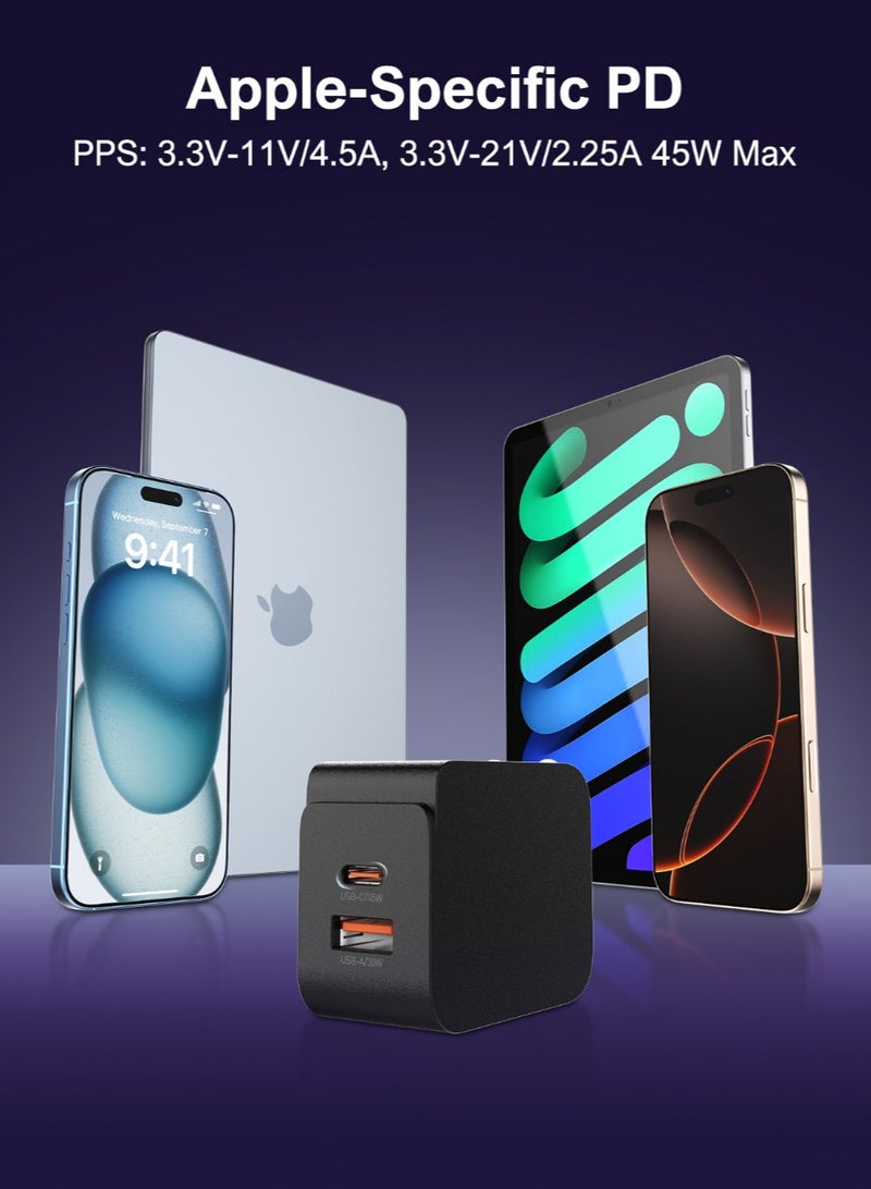 لدنيو شاحن حائط سريع بقدرة 45 وات مع منفذين PD3.0/PPS/QC4+/QC3.0 من لدنيو، يدعم اللابتوب والرقاقة الذكية مع كابل تايب سي - اسود - Image 4