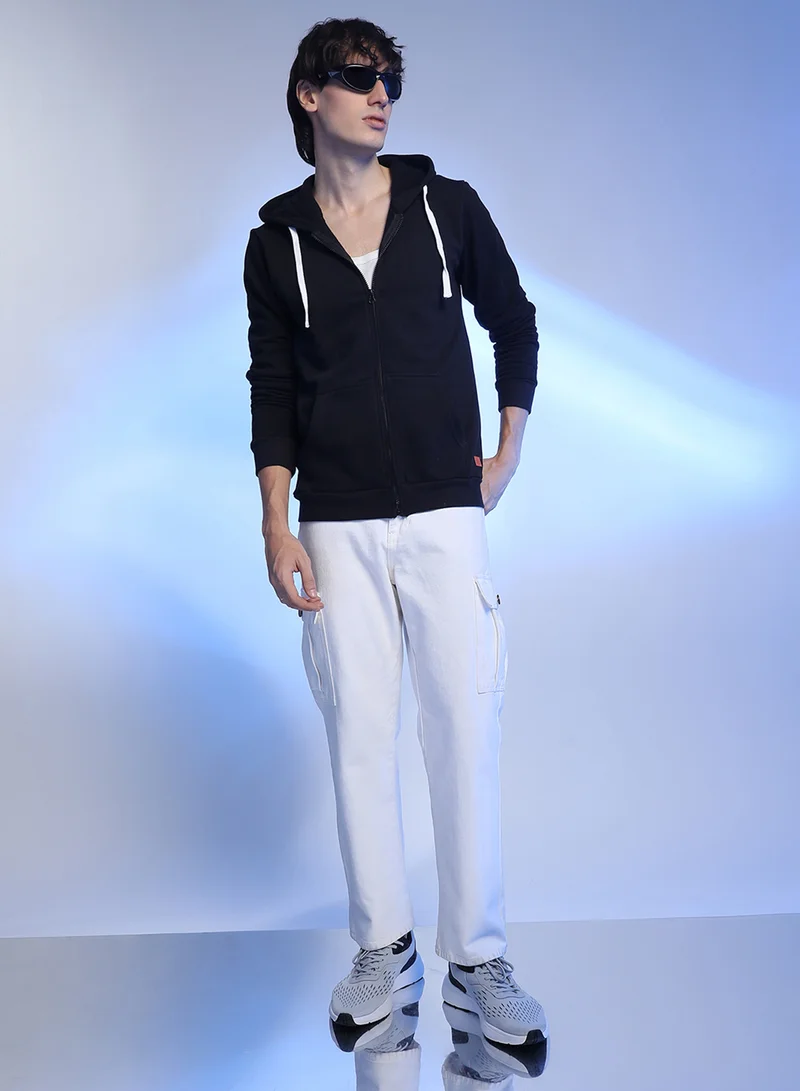 كامبوس سوترا Men's Black Zip-Front Hoodie With Contrast Drawstring