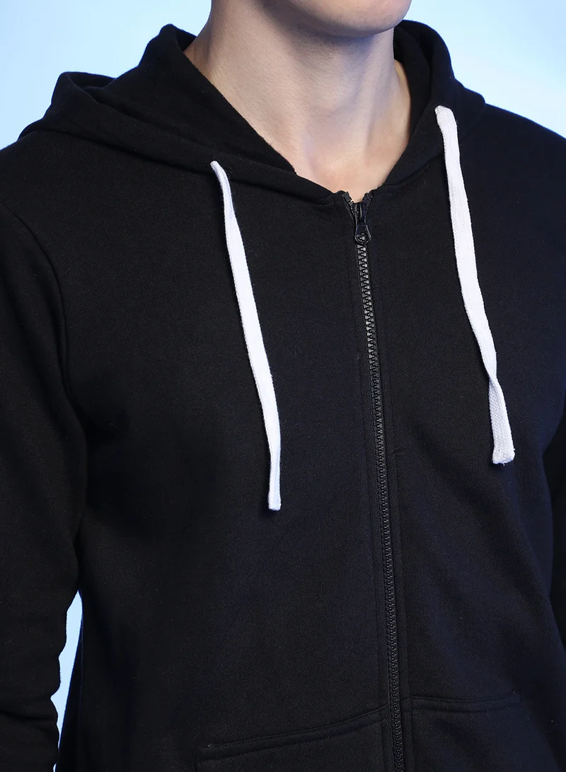 كامبوس سوترا Men's Black Zip-Front Hoodie With Contrast Drawstring