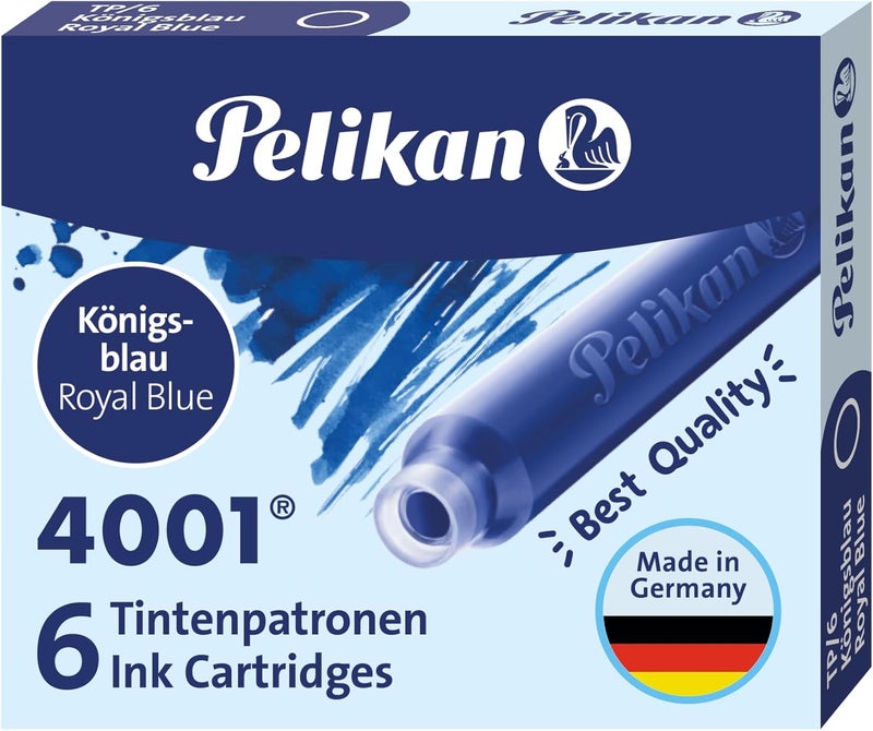 Pelikan 4001 TP/6 Ink Cartridges for Fountain Pens, Royal Blue, 0.8ml, 6-Pcs Pack (301176) - Image 1