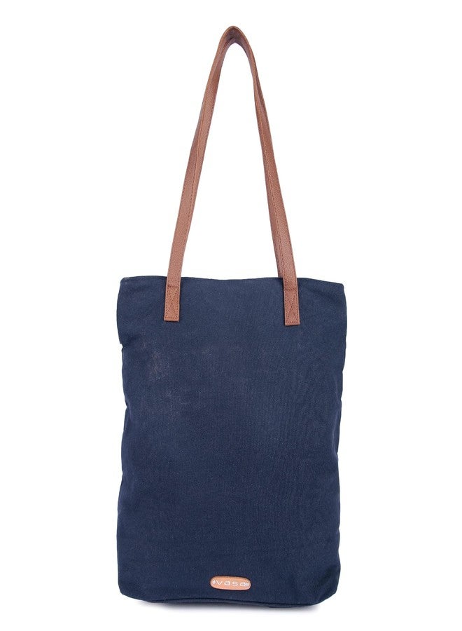 VASA Handwoven Aztec Tote Bag with PU Handles, Turquoise, Navy, Cream - Image 3