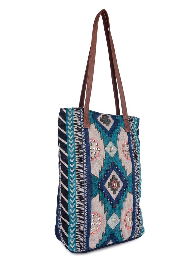 VASA Handwoven Aztec Tote Bag with PU Handles, Turquoise, Navy, Cream - Image 2