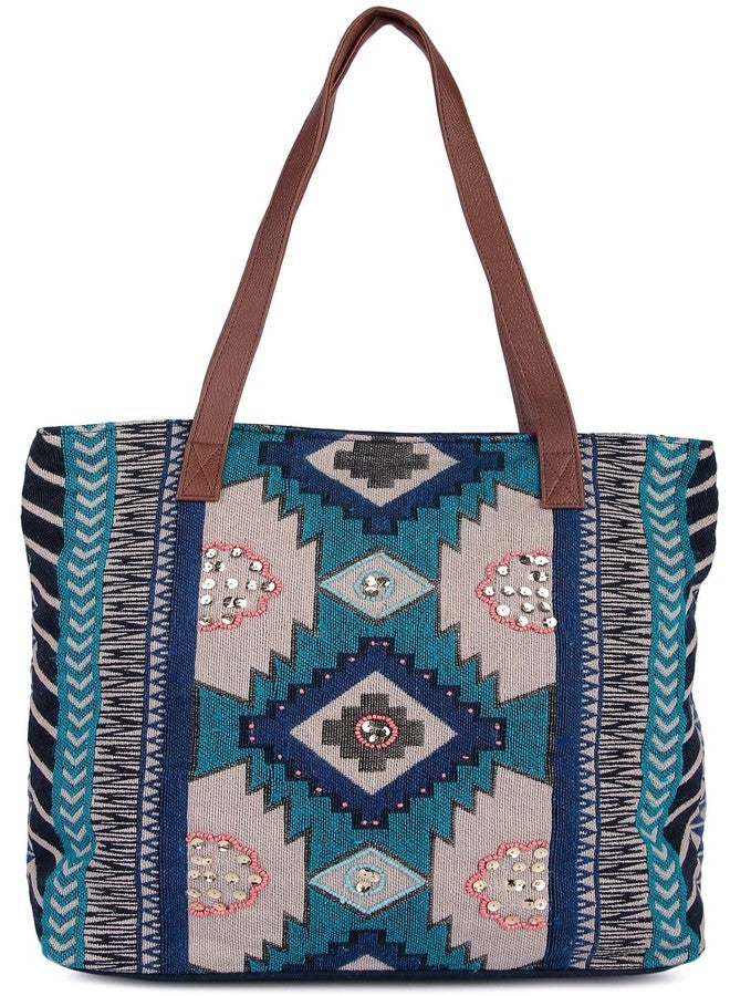 VASA Handwoven Aztec Tote Bag with PU Handles, Turquoise, Navy, Cream - Image 1