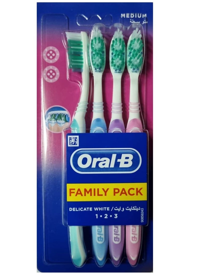 أورال بي أورال-بي فرشاة أسنان ديليكيت وايت اليدوية متوسطة الحجم مكونة من 4 قطع متعددة الألوان