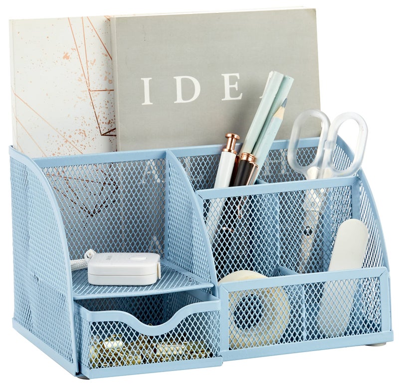 Annova Mesh Desk Organizer Office with 7 Compartments + Drawer/Desk Tidy Candy/Pen Holder/Multifunctional Organizer (New Blue 23) - Image 1