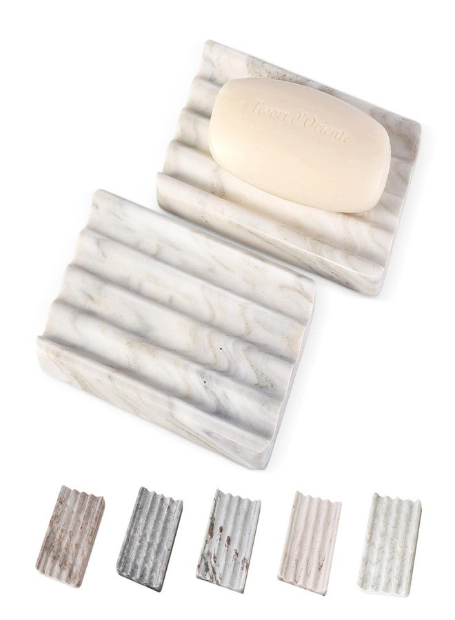 Koville 2PCS Koville Italian Natural Marble Soap Dish for Shower, Multi-Color Stone Soap Tray for Bathroom, Bar Soap Holder for Sink, Stripe Grooves Soap Saver Sponge Holder (White/Brown Random) - Image 1
