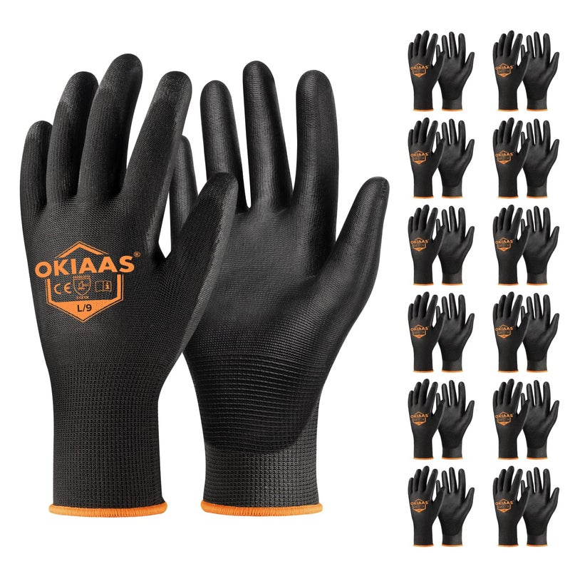 OKIAAS Work Gloves for Men,Ultra Thin and Lightweight Working Gloves with Grip,12 Pairs Bulk Pack Construction Gloves with Polyurethane Coating,Safety Gloves for Light Duty Work (Black, Large) - Image 1