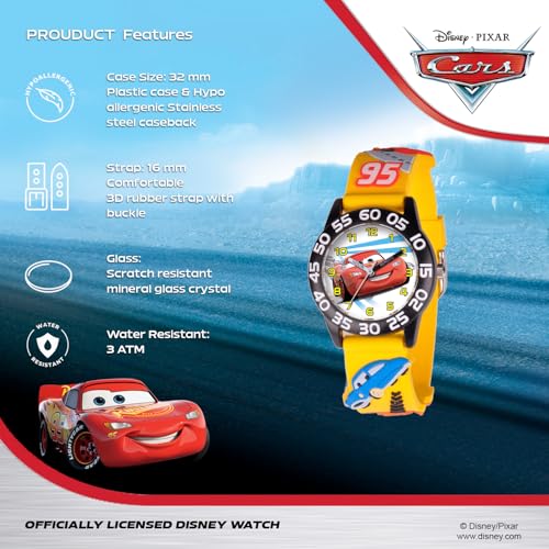 Disney Pixar Cars Lightning McQueen Watch for Kids - Boys Watch - Toddler Watches - Kids Toys Boys for Toddler - Watches Teen - Black Bezel - 3D Yellow Strap - Image 4