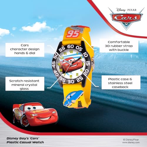 Disney Pixar Cars Lightning McQueen Watch for Kids - Boys Watch - Toddler Watches - Kids Toys Boys for Toddler - Watches Teen - Black Bezel - 3D Yellow Strap - Image 2