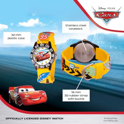 Disney Pixar Cars Lightning McQueen Watch for Kids - Boys Watch - Toddler Watches - Kids Toys Boys for Toddler - Watches Teen - Black Bezel - 3D Yellow Strap - Image 3