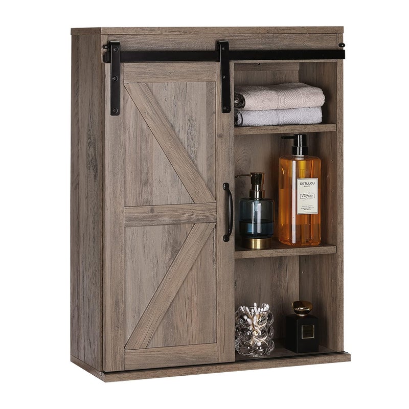 RUSTOWN Farmhouse Wood Wall Storage Bathroom Cabinet with Sliding Barn Door Rustic Medicine Cabinet with Adjustable Shelf 3Tier Vintage Cabinet for Kitchen Bathroom Living Room Washed Oak