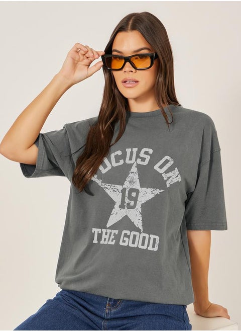 Slogan Printed Acid Washed Oversized T-Shirtâ€‹
