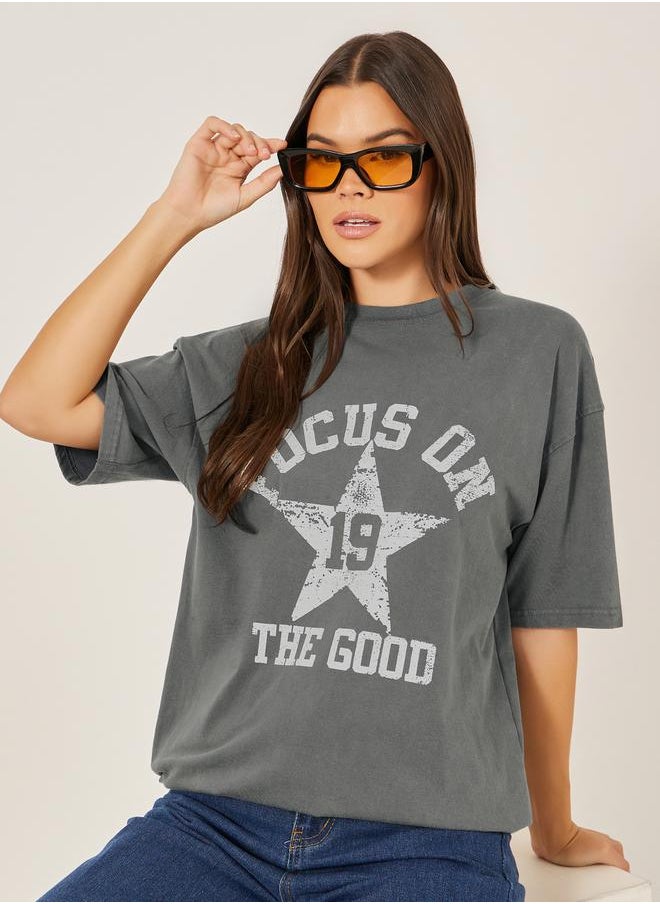 Styli - Slogan Printed Acid Washed Oversized T-Shirtâ€‹ - Image 1