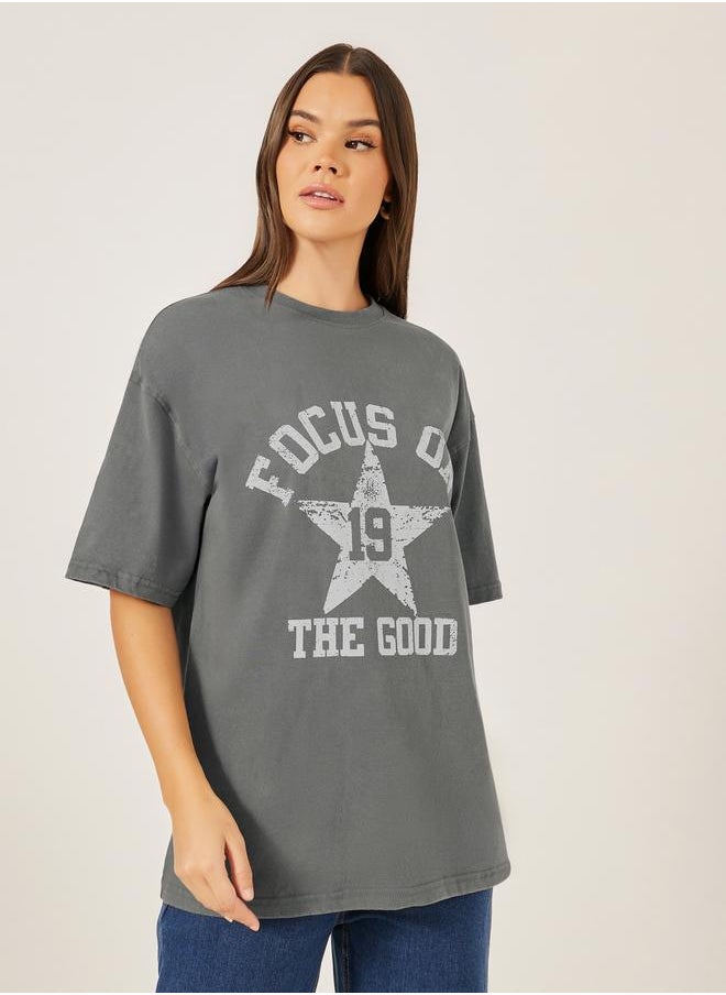 Styli - Slogan Printed Acid Washed Oversized T-Shirtâ€‹ - Image 1