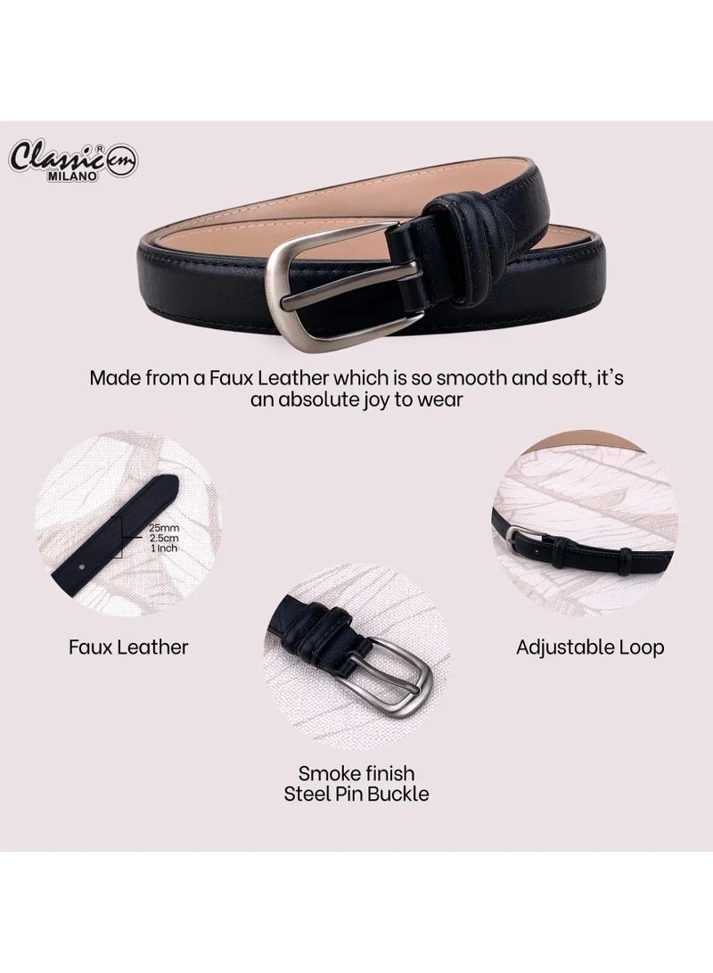 Classic Milano Black (SGPU28) Classic Milano Women's Belt with Gift Box; Faux Leather Ladies Belt for Dresses, Jeans & Gowns; Stylish Womens Belt; Adjustable Girls Belt; Belt for Women | Full Length: 110 CM (Free Size - Fits up to the waist of 40 Inches / 100 CM) for Women | Best Price UAE