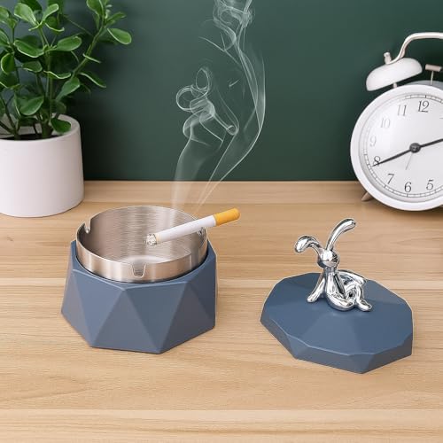CORALTREE CORAL TREE Stainless Steel & Plastic Base Portable Ashtray Spinning Lid Modern Tabletop Ashtray With Non Slip Stronger Base for Home Office Indoor or Outdoor for Men & Women (Grey) - Image 1
