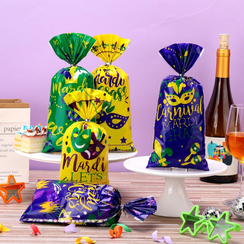 Locmeo 100 Pcs Mardi Gras Cellophane Treat Bags Party Favor Bag Mardi Gras Decorations Masquerade Party Bags Goodie Gift Bag for Birthday with 150 Twist Ties, 5 Styles - Image 5