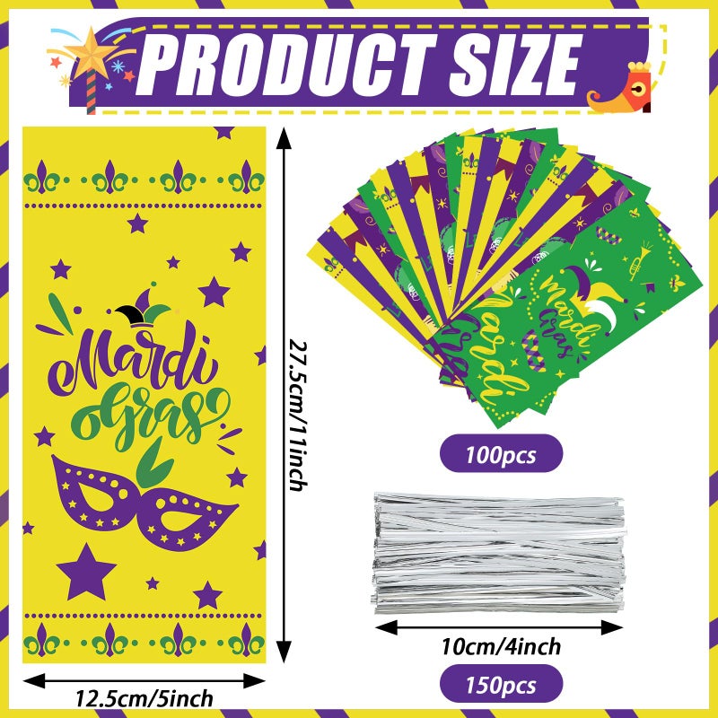 Locmeo 100 Pcs Mardi Gras Cellophane Treat Bags Party Favor Bag Mardi Gras Decorations Masquerade Party Bags Goodie Gift Bag for Birthday with 150 Twist Ties, 5 Styles - Image 2