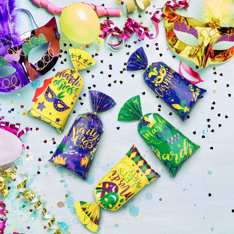 Locmeo 100 Pcs Mardi Gras Cellophane Treat Bags Party Favor Bag Mardi Gras Decorations Masquerade Party Bags Goodie Gift Bag for Birthday with 150 Twist Ties, 5 Styles - Image 3
