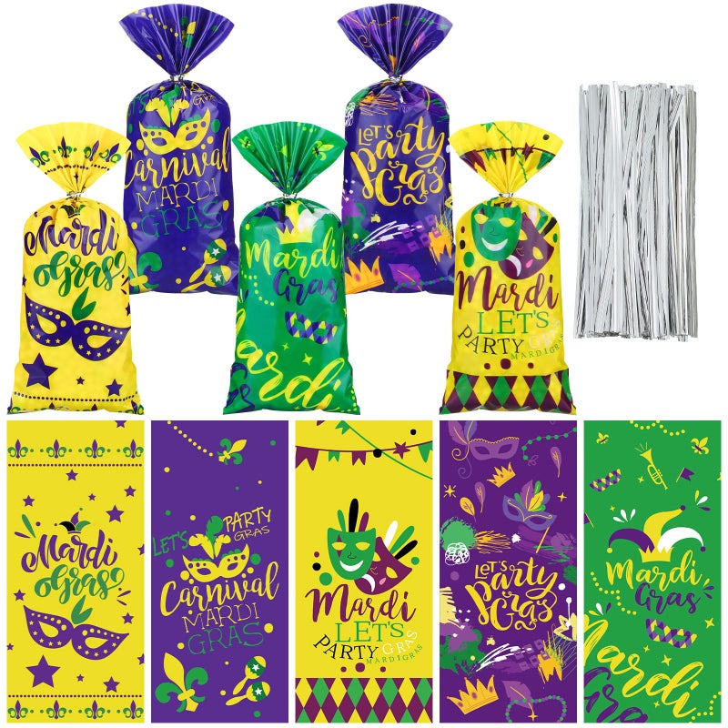 Locmeo 100 Pcs Mardi Gras Cellophane Treat Bags Party Favor Bag Mardi Gras Decorations Masquerade Party Bags Goodie Gift Bag for Birthday with 150 Twist Ties, 5 Styles - Image 1