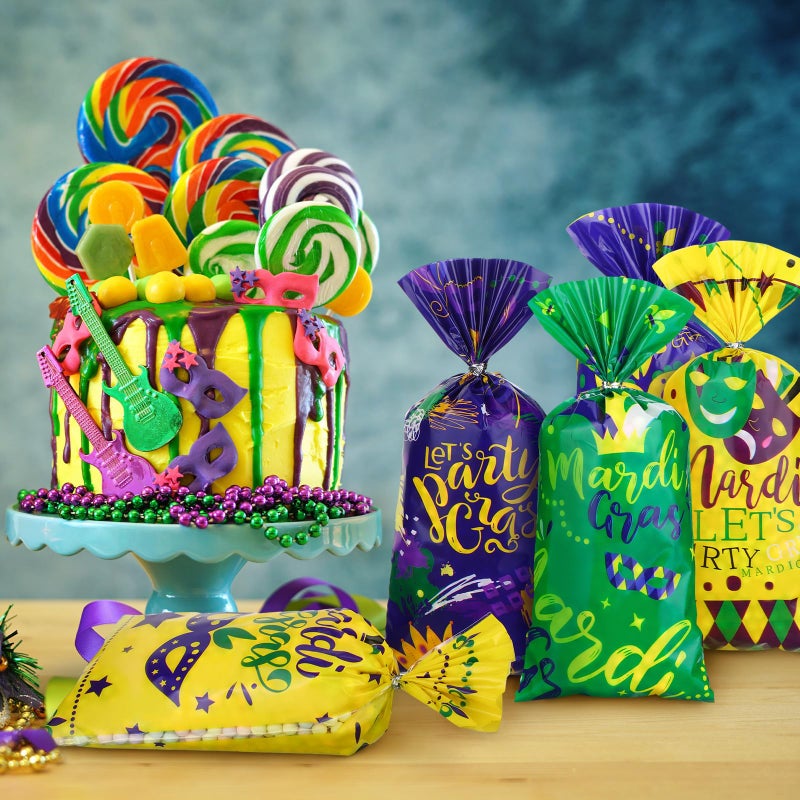 Locmeo 100 Pcs Mardi Gras Cellophane Treat Bags Party Favor Bag Mardi Gras Decorations Masquerade Party Bags Goodie Gift Bag for Birthday with 150 Twist Ties, 5 Styles - Image 4