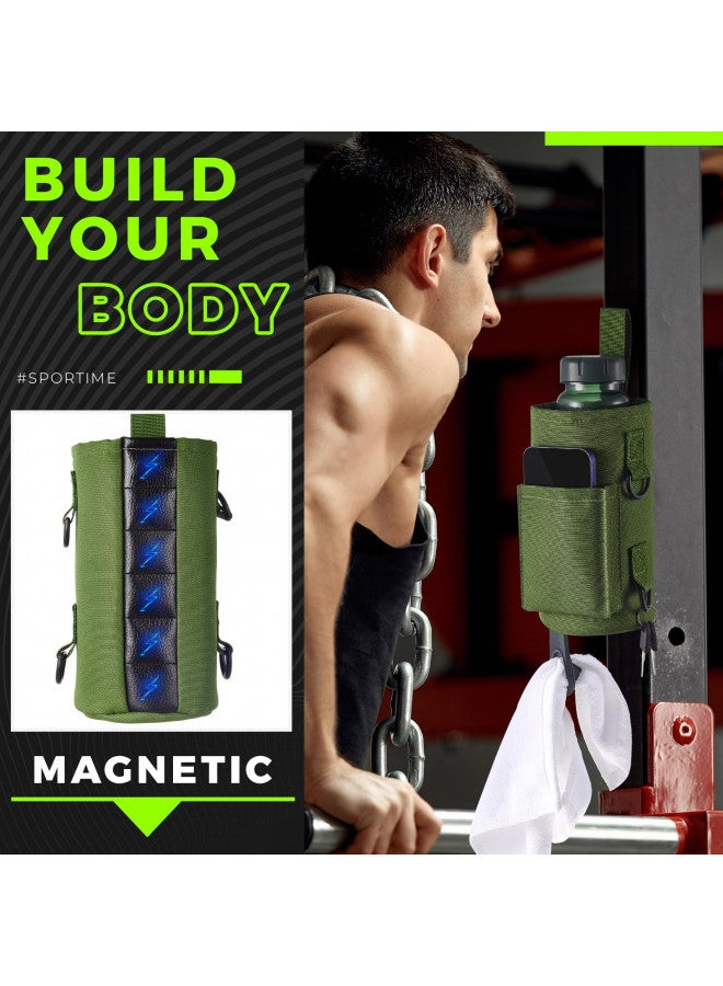 Domensi Domensi Magnetic Water Bottle Holder Gym Water Bottle Carrier Bag with Phone Pocket Water Bottle Pouch Sleeve with Silicone Towel Buckle and Sling for Men Women Gym Accessories Organizer (Army Green)  - Image 3