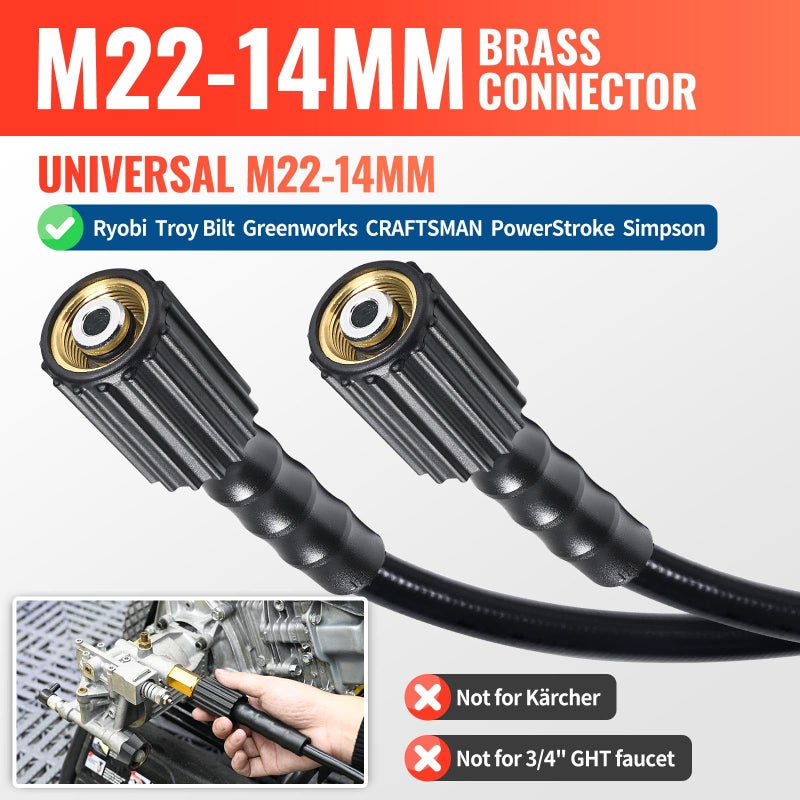 YAMATIC Pressure Washer Hose 50FT 1/4" ID, Standard (2) M22 Brass Fittings, 3200 PSI Kink-Resistant Replacement for Ryobi, Troy Bilt, Greenworks, CRAFTSMAN M22 Threads Power Washers - Image 5