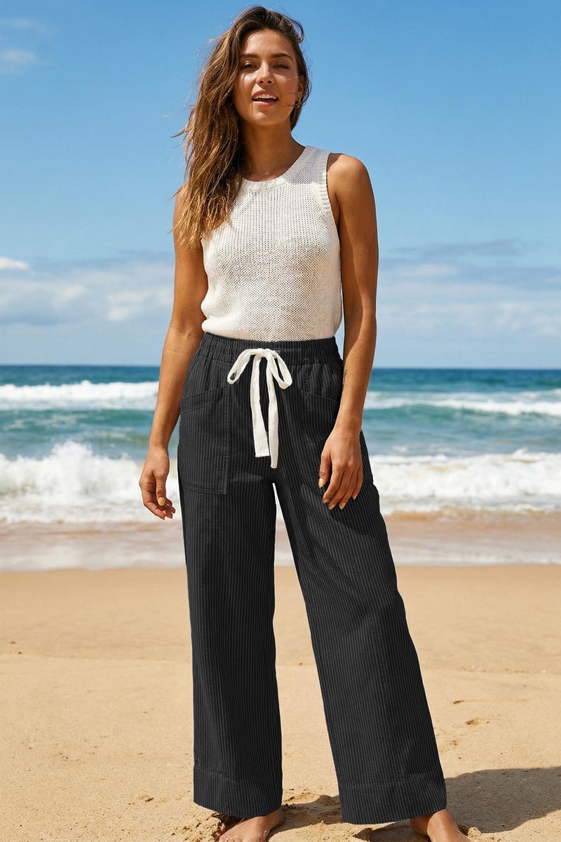 Acelitt Womens Casual Fashion 2026 Fall Striped Pants Elastic Waist High Waist Wide Leg Linen Pants Trousers Black Large - Image 4