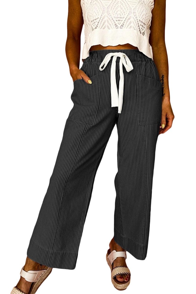 Acelitt Womens Casual Fashion 2026 Fall Striped Pants Elastic Waist High Waist Wide Leg Linen Pants Trousers Black Large - Image 2
