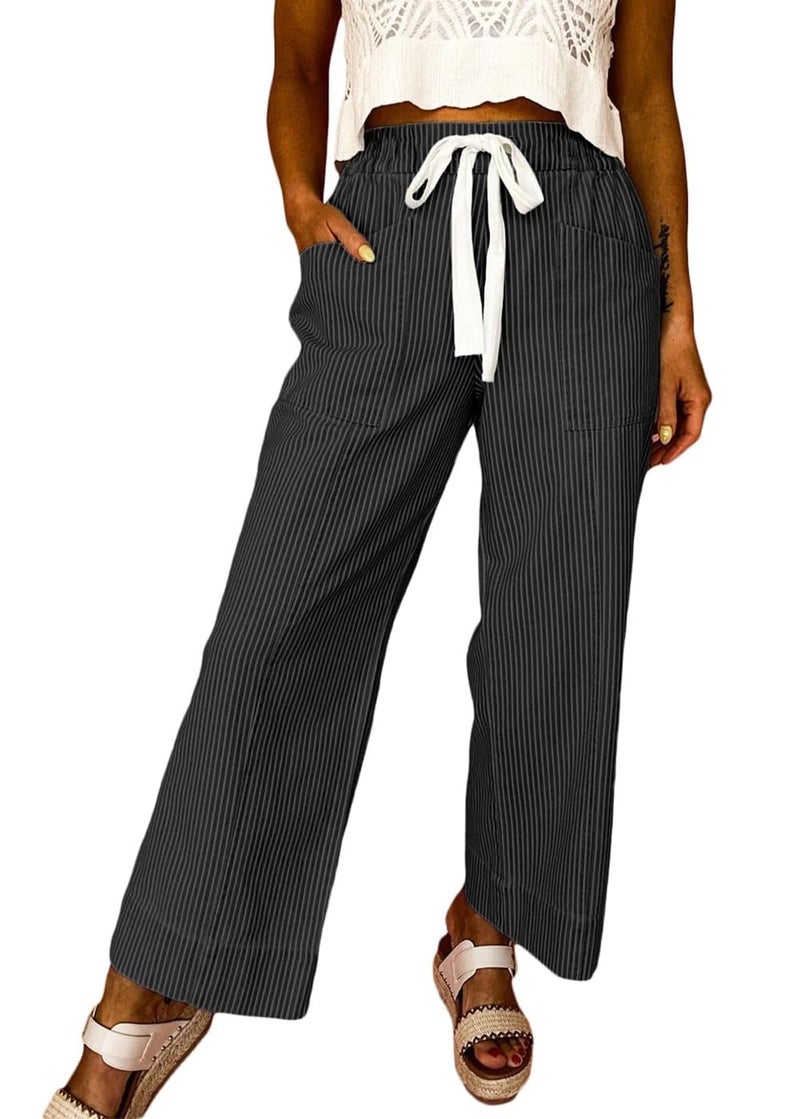 Acelitt Womens Casual Fashion 2026 Fall Striped Pants Elastic Waist High Waist Wide Leg Linen Pants Trousers Black Large - Image 1