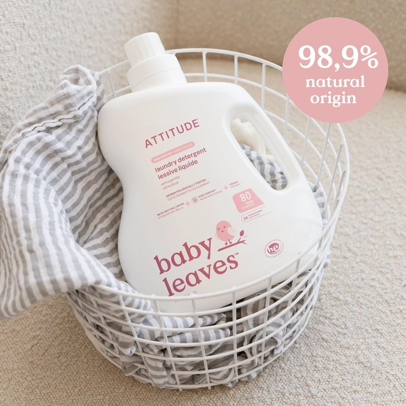 ATTITUDE Baby Laundry Detergent Liquid, EWG Verified, Safe for Infant and Newborn Clothes, Vegan and Naturally Derived Washing Soap, HE Compatible, Unscented, 80 Loads, 2 Liters - Image 3