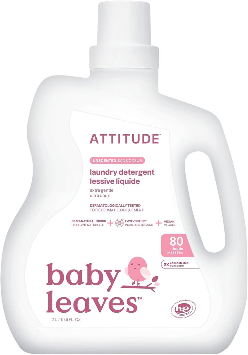 ATTITUDE Baby Laundry Detergent Liquid, EWG Verified, Safe for Infant and Newborn Clothes, Vegan and Naturally Derived Washing Soap, HE Compatible, Unscented, 80 Loads, 2 Liters - Image 1