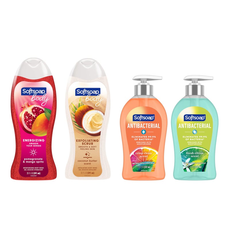 Softsoap Body Wash and Antibacterial Hand Soap Bundle with Pomegranate Mango Moisturizing Body Wash, Exfoliating Coconut Butter Scrub, Crisp Clean and Fresh Scent Hand Soaps, 4 Piece Set - Image 1