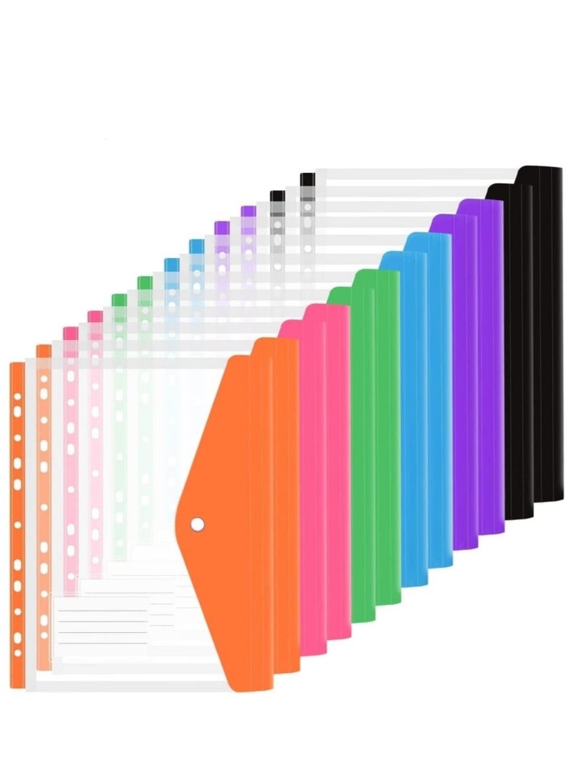 DAILYCHIC Dailychic 12 Pack Letter Size Binder Pocket,Plastic File Folders for 3 Ring,11 Holes Clear Poly Envelope with Snap Button Closure, for School Office Supplies, 6 Colors(Vertical-Opening)  - Image 1