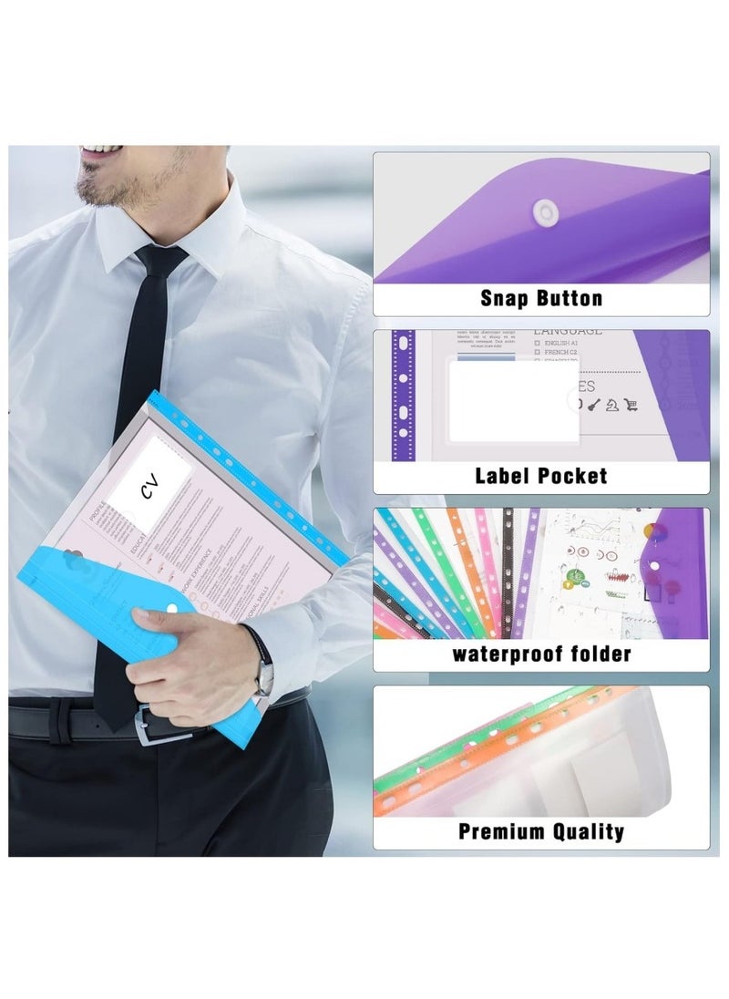 DAILYCHIC Dailychic 12 Pack Letter Size Binder Pocket,Plastic File Folders for 3 Ring,11 Holes Clear Poly Envelope with Snap Button Closure, for School Office Supplies, 6 Colors(Vertical-Opening)  - Image 3