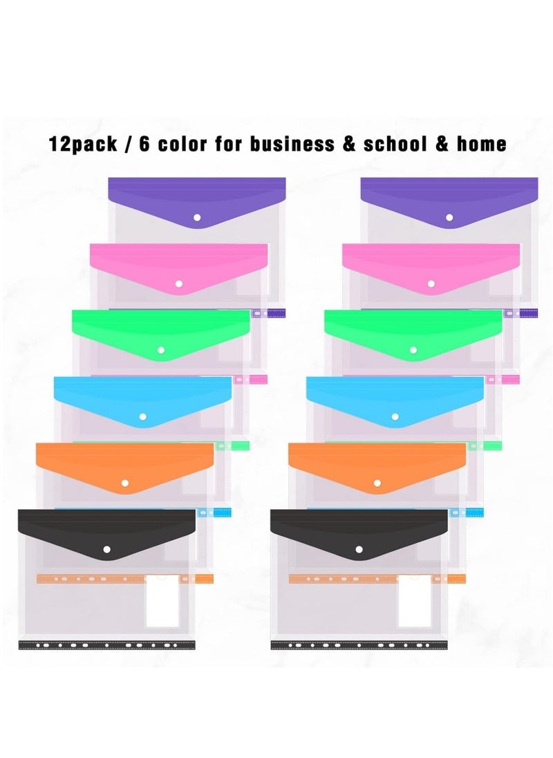 DAILYCHIC Dailychic 12 Pack Letter Size Binder Pocket,Plastic File Folders for 3 Ring,11 Holes Clear Poly Envelope with Snap Button Closure, for School Office Supplies, 6 Colors(Vertical-Opening)  - Image 4