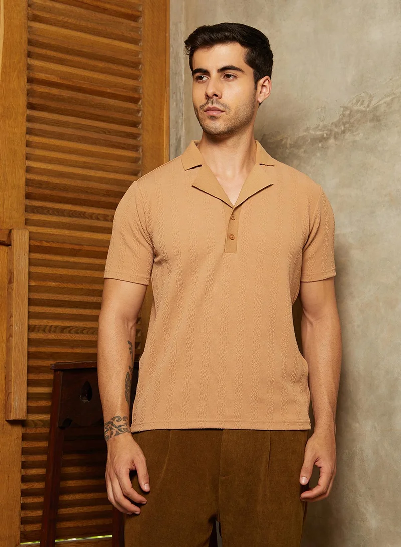 Campus Sutra Campus Sutra Men's Peanut Brown Rope-Tactile Cuban Polo T-Shirt For Casual Wear | Polo Neck | Short Cuffed Sleeves | Half-Button Closure | T-Shirt Crafted With Comfort Fit For Everyday Wear