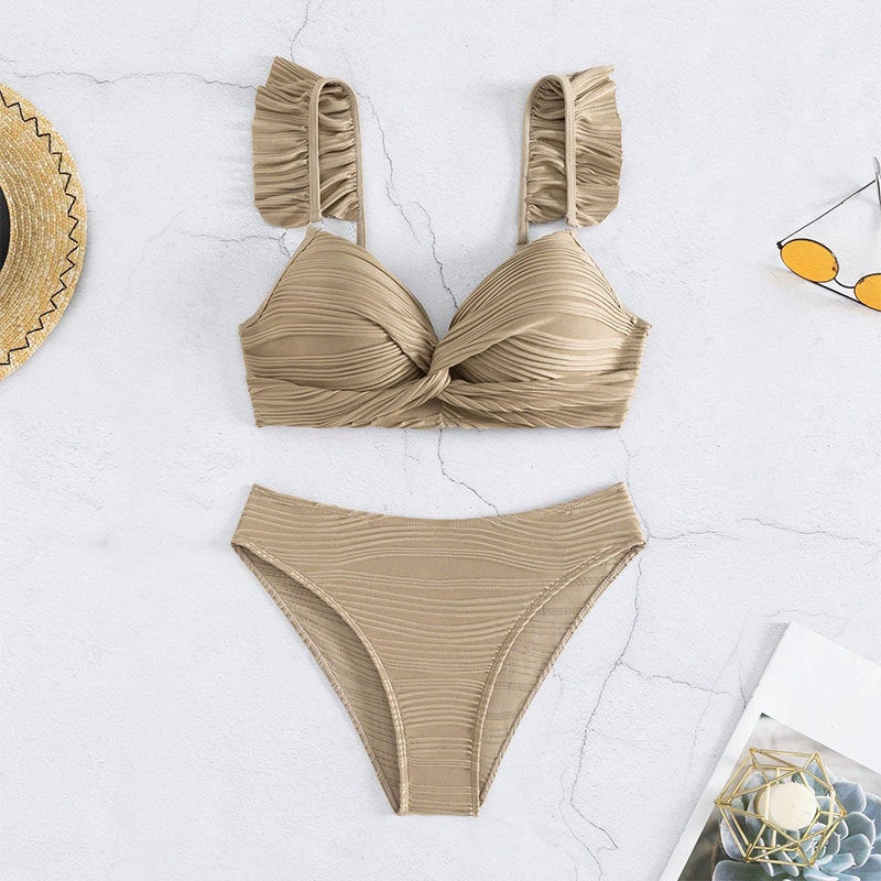 New Solid Color Ruffled Bikini High Waist Split Swimsuit for Women Khaki  - Image 5