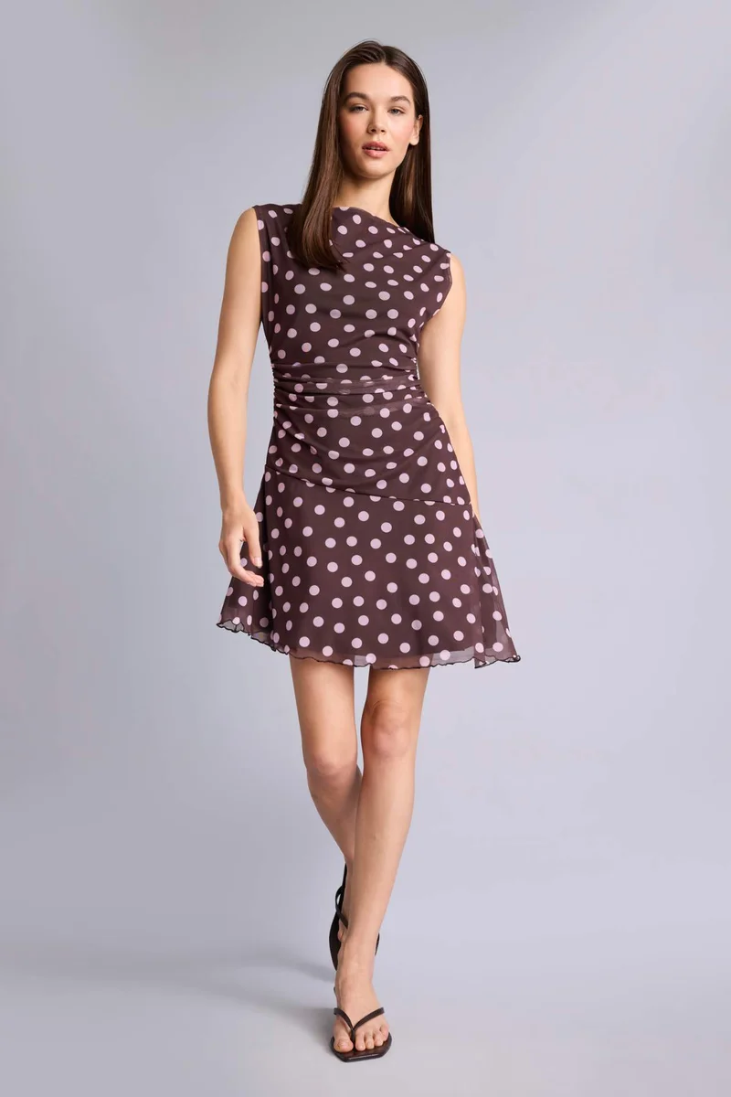 Asymmetric Boat Collar Polka Dot Tulle Mini Dress