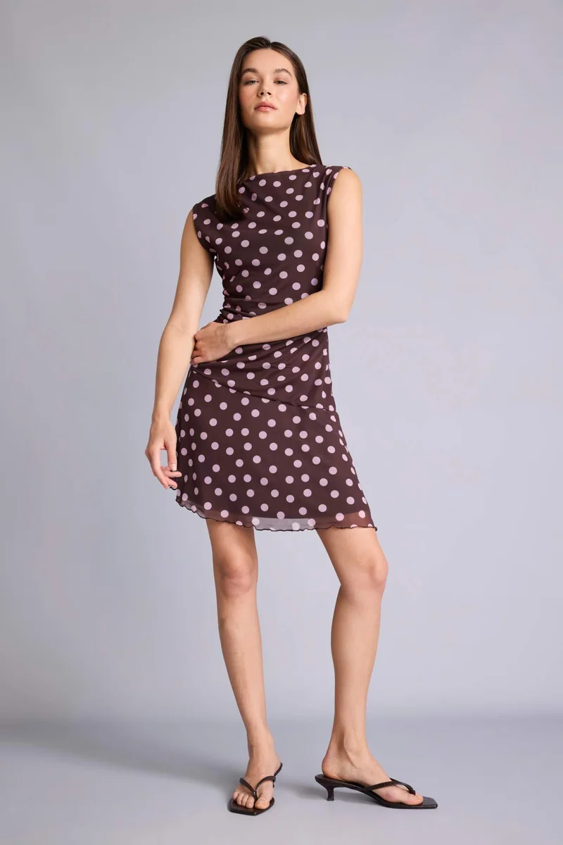Defacto Asymmetric Boat Collar Polka Dot Tulle Mini Dress