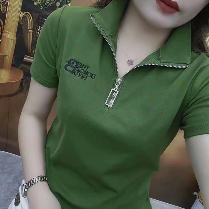 A generation of hair mother Summer new half zipper striped short sleeve T-shirt Women's Joker shirt T-shirt - Image 1
